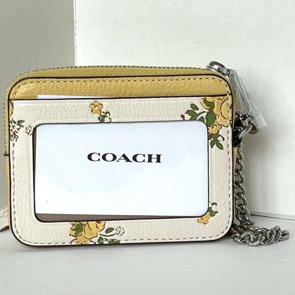 Coach Floral Zip Card Case CAU44 ID Wallet Yellow Leather Chain Strap ORGPKG - Picture 3 of 7